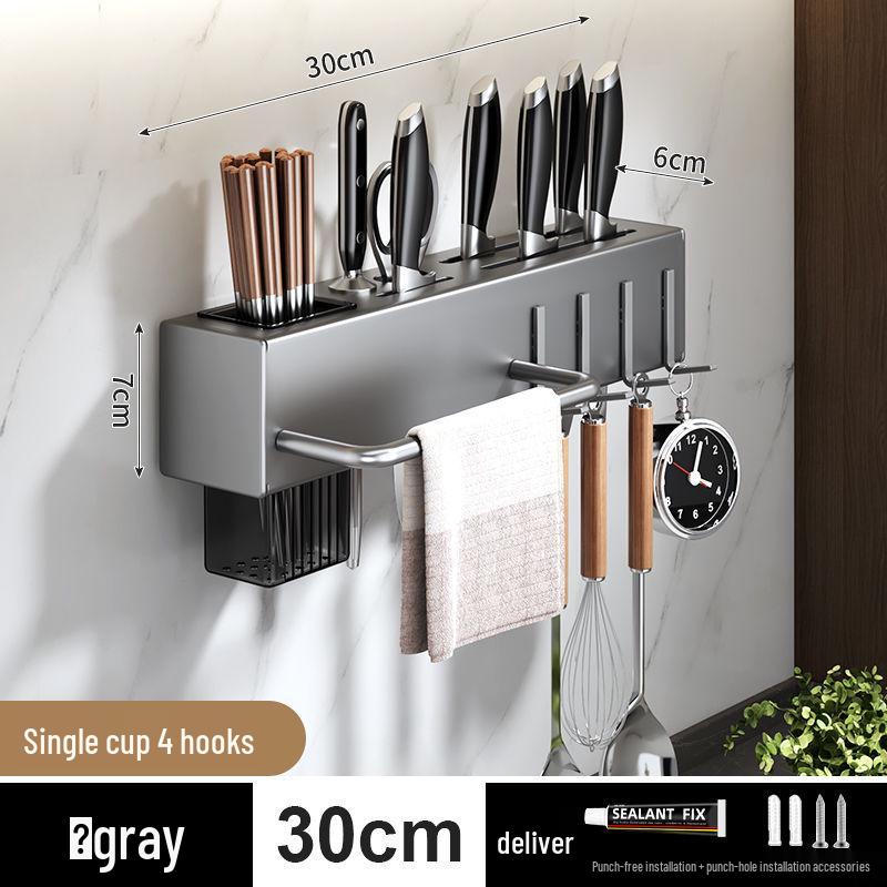 

Настенная кухонная полка для хранения без сверления: Прочный держатель для ножей и кухонной утвари с многофункциональным отделением для хранения палочек для еды