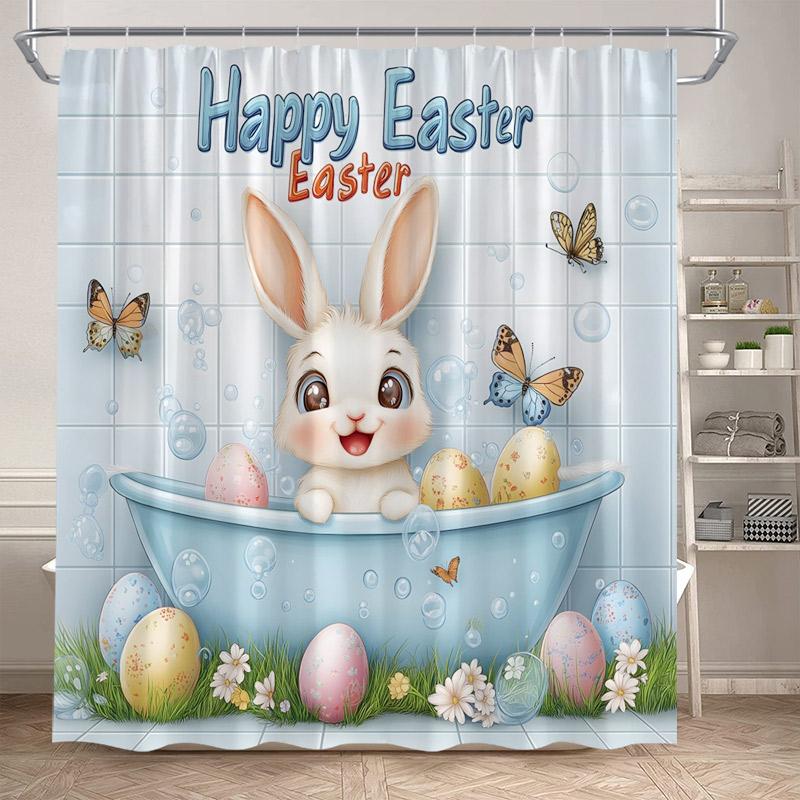 Funny Bunny Easter Shower Curtains Butterfly Watercolour Floral Rabbit Eggs Rustic Fabric Home Bathroom Curtain Decor With Hooks