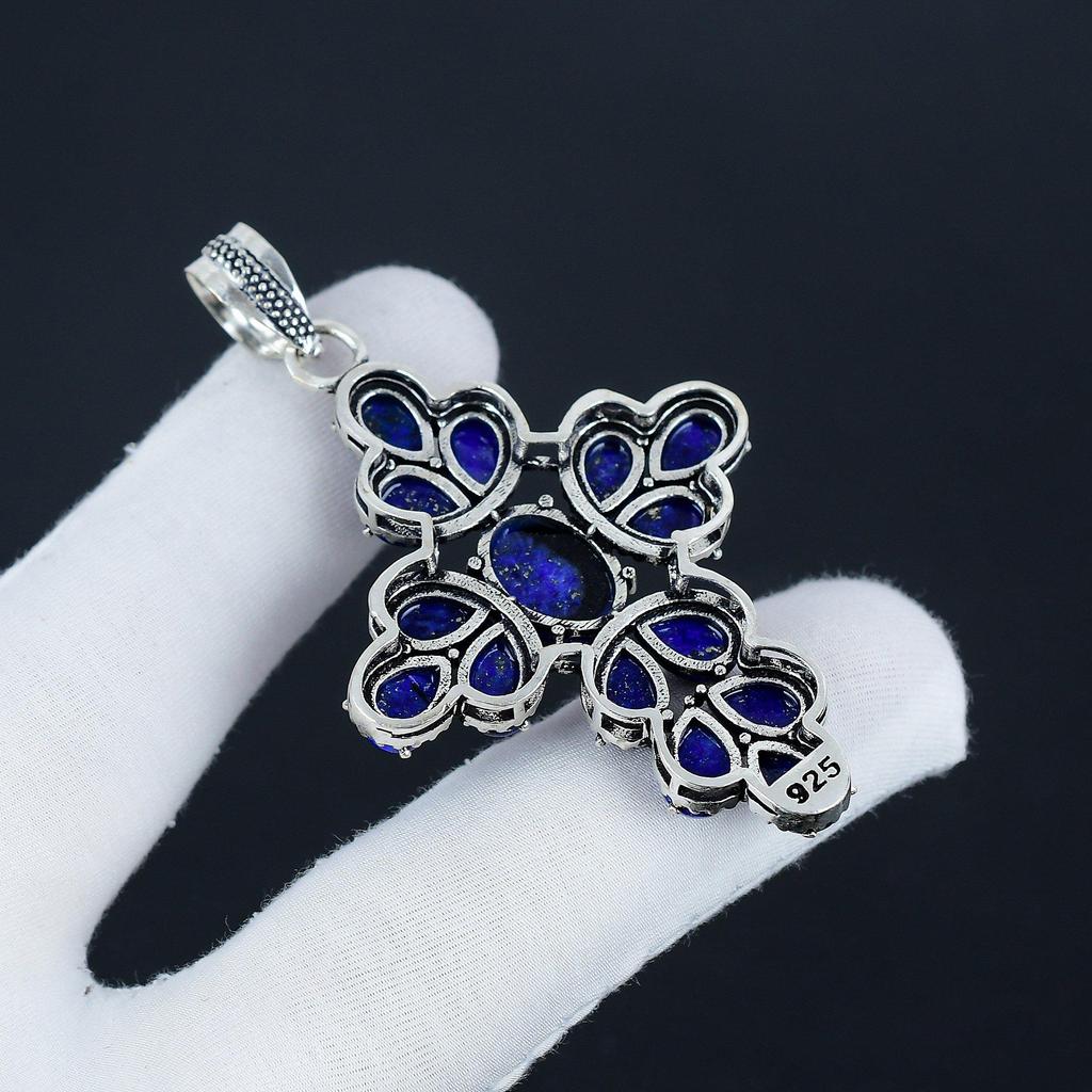 Naturlig Lapis Lazuli Ädelsten Silver Kors Hänge i 925 Sterling Silver - Handgjord Päron Design, Vardags Smycken Alla Hjärtans Dag Gåva
