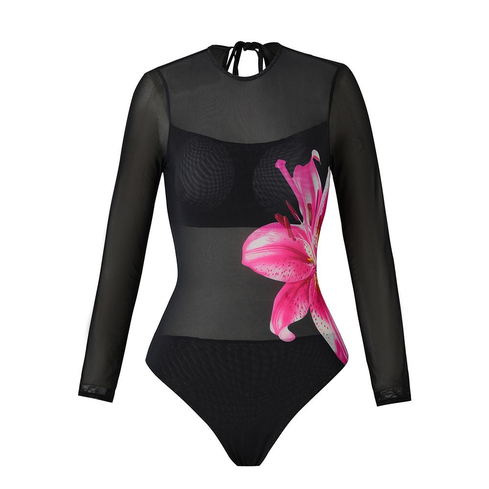 2025 Long Sleeve Sheer Sun Protection One-Piece Set Swimsuit Women Sexy Rash Guard Swimwear Bodysuit Beachwear With Coverup