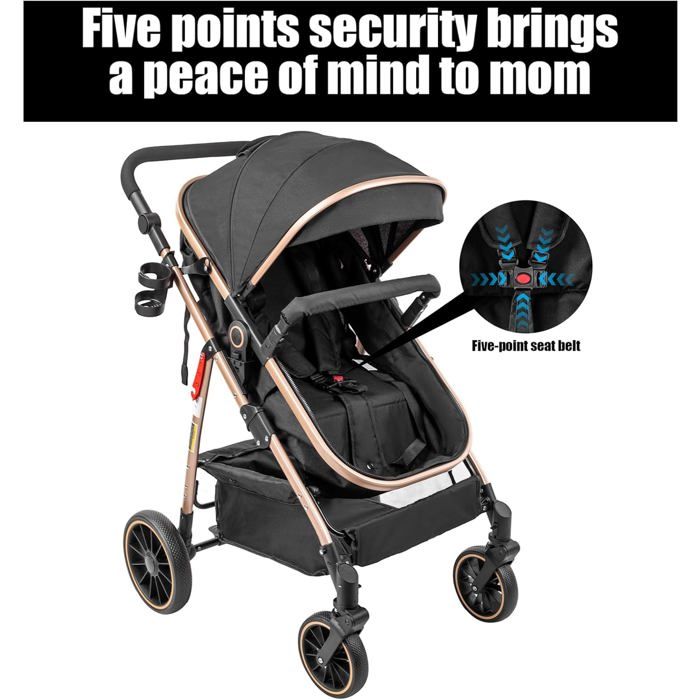 Poussette 3 en 1 Bébé Combinée Pliable 1 Clic Réversible Face Parent/Monde Cadre Aluminium Léger Confort Citadine Compacte