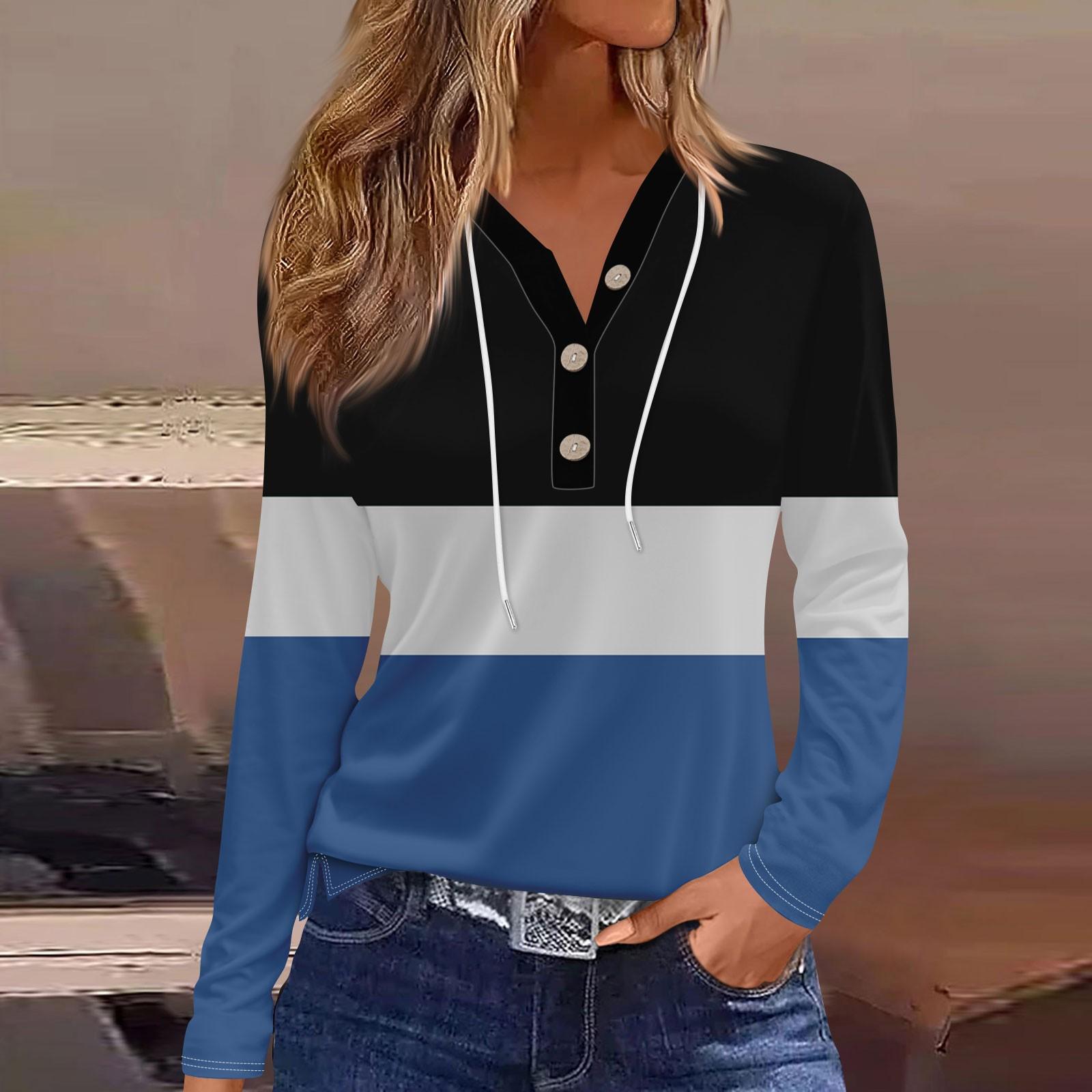 

Женская футболка с принтом на пуговицах, длинный рукав, повседневная, выходного дня, модная, базовая, с V-образным вырезом, обычная, с капюшоном L синий