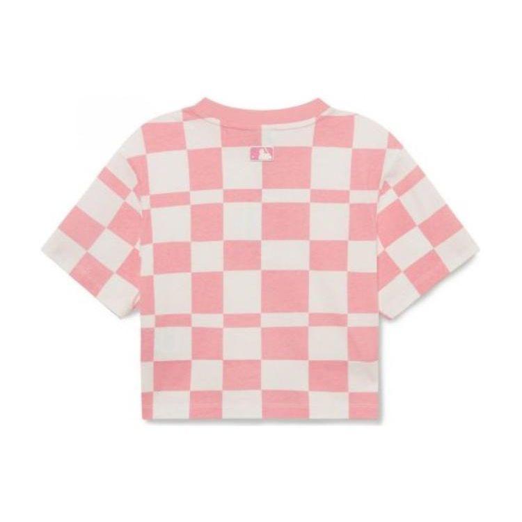 MLB Philadelphia Phillies Logo Embroidered Checkered Round Neck Pullover Short Sleeve Drop Shoulder T-Shirt Women tops Pink 3FTSO0333-10PKL