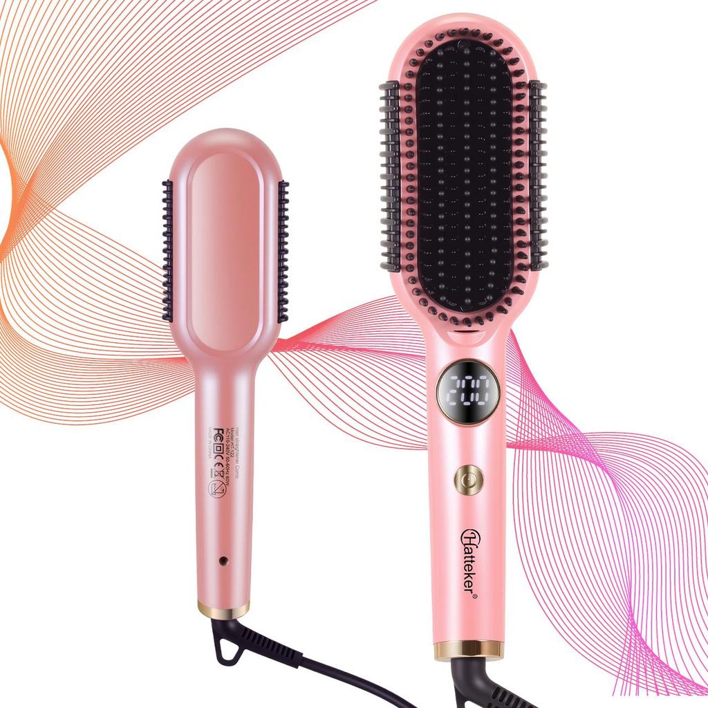 Hatteker Hair Straightener Brush Fast Heating Flat Iron and Hair Brush 2-in-1 Curl Smooth Professional Wider Comb
