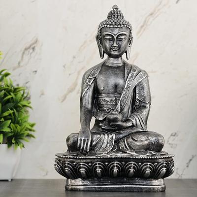 Buddha Statue Showpiece Idol Home Decor Items for Living Room and Gifts (Antique Silver)
