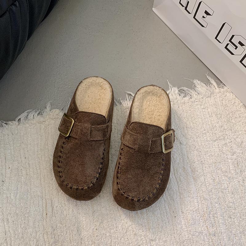 Fleece half slippers women's outer wear 2025 autumn and winter new models are not tired, the feet are huge and the good-looking one-pedal thick-soled