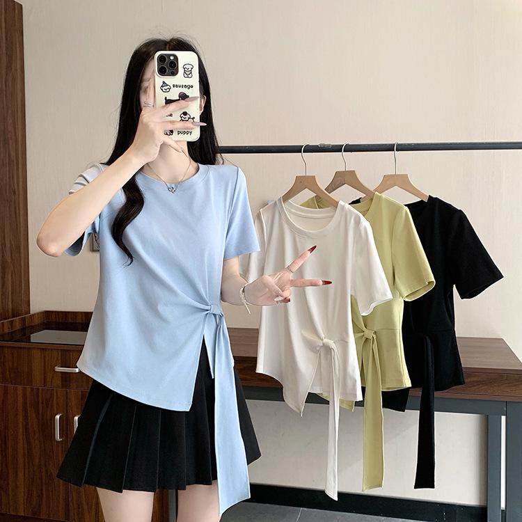 2026 Summer Women s Plus Size Elegant Korean Style Round Neck Irregular Ribbon Short Sleeve T-shirt L
