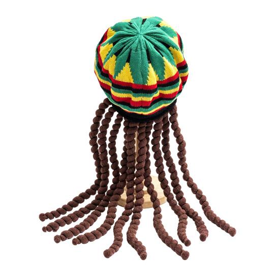 

Cosplay Hat Red Yellow Green Jamaica Colors Colorful Beret Hat with Black Braided Pigtail F