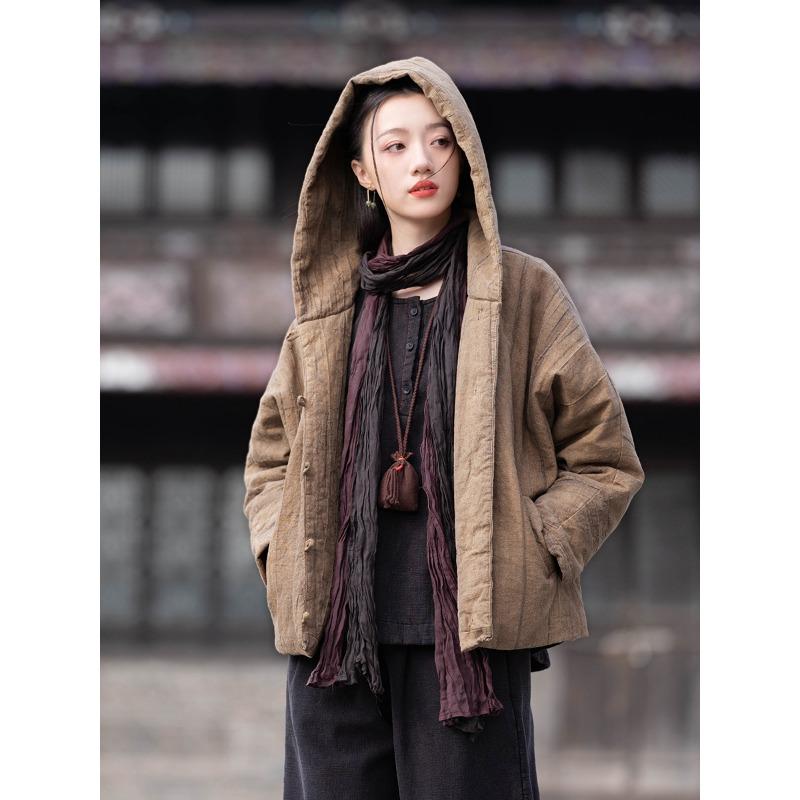 

25 зимний рами ручной работы тай-дай жареный цвет старый дзен странствующий ветер хлопок и лен женский короткий хлопковый пуховик с капюшоном One size