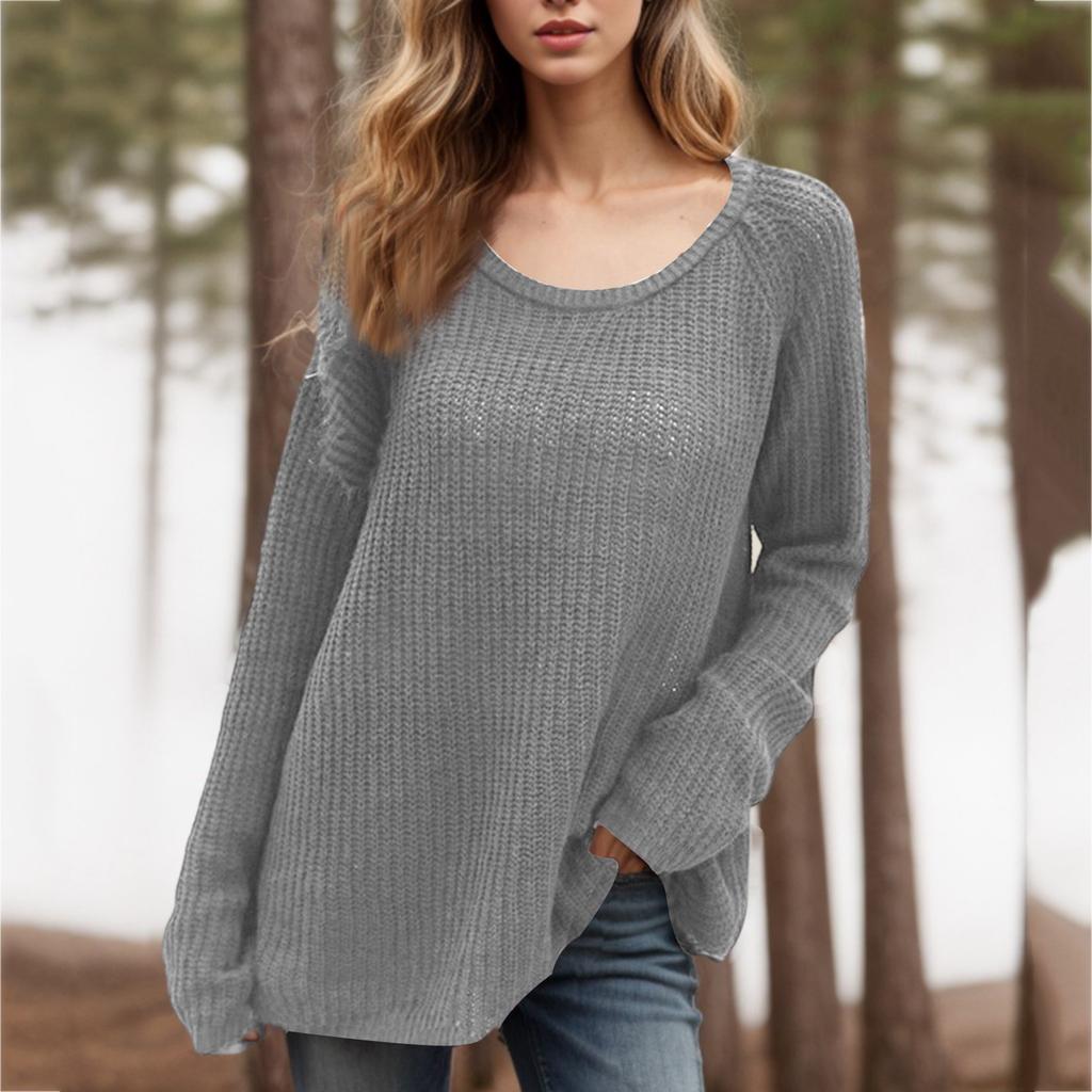 Women's Fashion Loose Lazy Style Round Neck Solid Color Long Sleeve Knitted Sweater