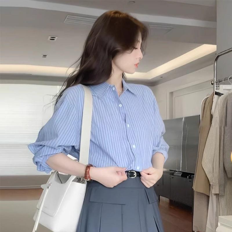 Blue Striped Long Sleeve Loose Retro Casual Office Shirt For Women S