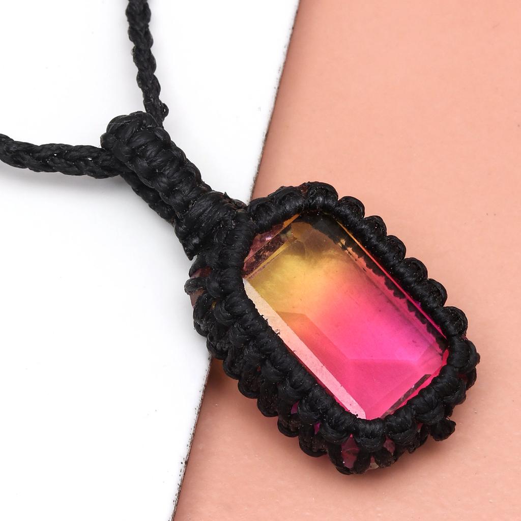 Macrame Necklace Handmade Tourmaline Natural Bohemian Quartz Thread Pendant