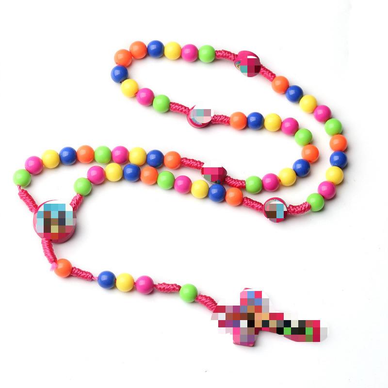 Colorful Beaded Children s Cartoon Cross Rosary Necklace - Handmade for Baptism & Prayer