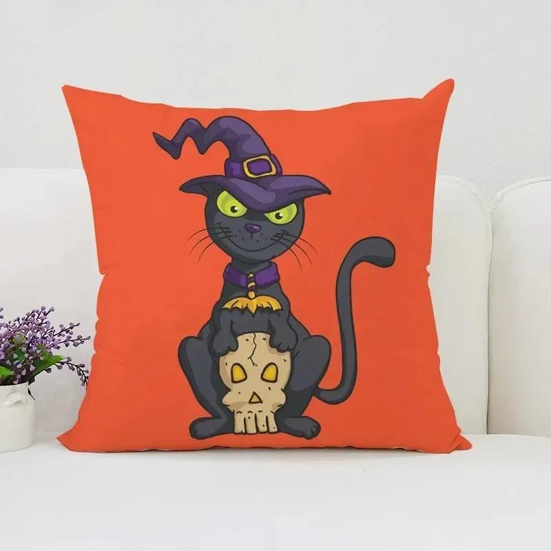 Housse de coussin décorative d'Halloween Chat Citrouille Adaptée pour Maison Salon Canapé Chambre Chambre Housse d'oreiller décorative