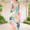 Women Plus Size Round Neck Short Sleeve Abstract Printed Loose Maxi Dress With Side Pockets