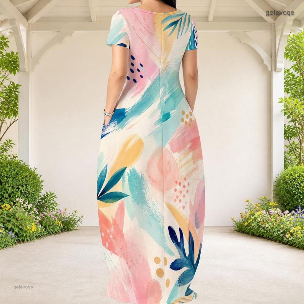 Women Plus Size Round Neck Short Sleeve Abstract Printed Loose Maxi Dress With Side Pockets