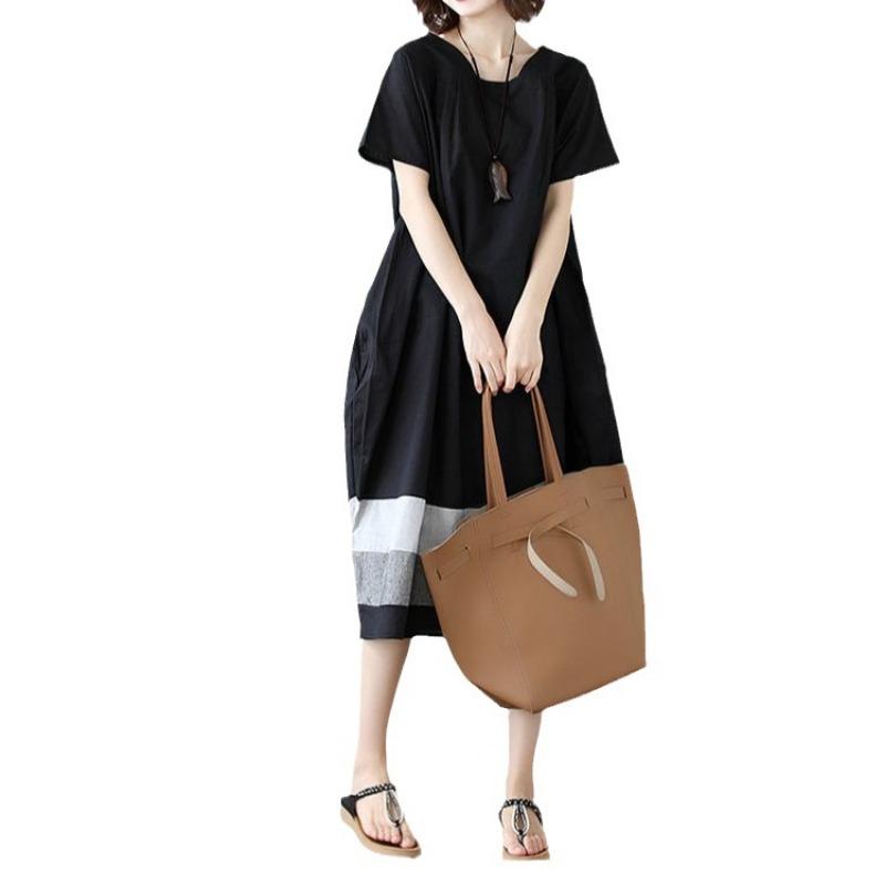 Summer Korean Oversized Loose Patchwork Striped Cotton Linen Short Sleeved Dress for Women Medium Length Casual Dresses