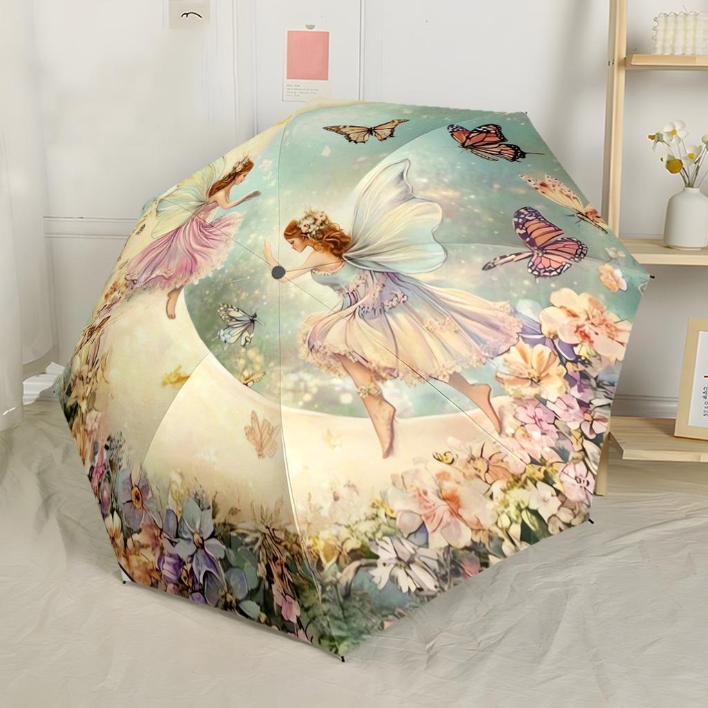 Floral Stained Glass Sprite Automatic Umbrella Folding Umbrella with 8 Ribs Compact Design Outdoor Daily Use Vibrant Pattern Umbrella Spiritual Gift