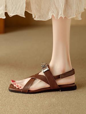Moda 2024 Nuevas Sandalias Mujer Piel Genuina de Vaca Correa Metálica Verano Playa Damas Tacón Bajo Zapatos Casuales Hecho a Mano