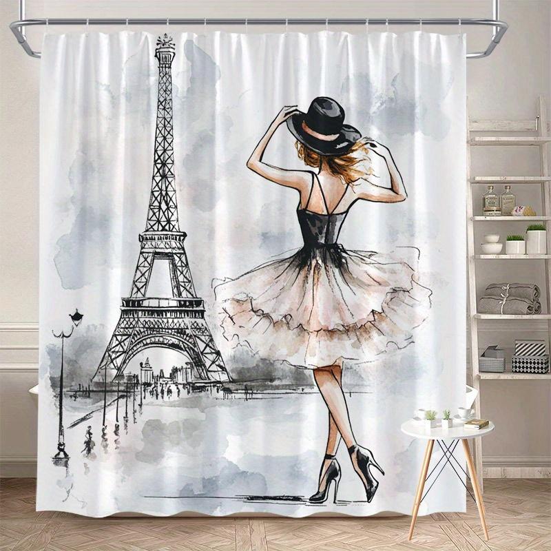 Watercolor Paris Shower Curtain Eiffel Tower Woman Dancing Artistic Style Romantic Decor Waterproof Bath Curtain Home Decor