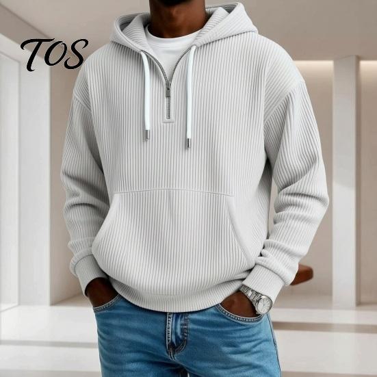 Fashionable Party Wear for Men Hooded Sweatshirt, Quarter Zipper Long Sleeve Pullover Hoodie, Warm Layering Tops Winter Corduroy Sweatshirt