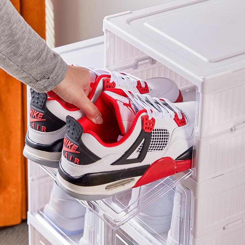Multi-Layer Foldable Shoe Box Rack: Easy Installation, Space-Saving Storage, One-Pull Setup.