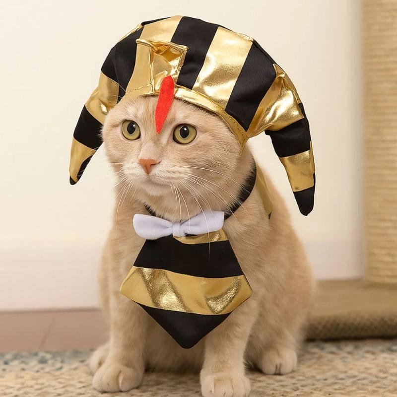 Cute Pet Egyptian Pharaoh Hat Comfortable Adjustable Halloween Party Hat with Bib Breathable Pet Cosplay Costume Pet Dress Up