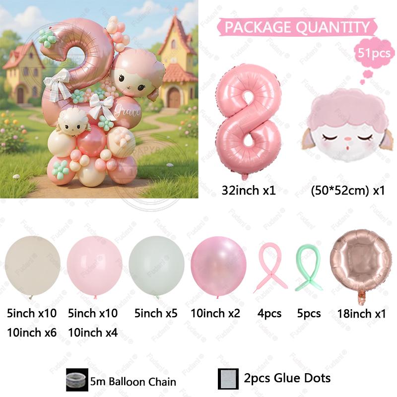 51Pcs Cute Pink Sheep Aluminum Film Balloon Pink Digital Balloon Set Girl Birthday Party Decoration Baby Shower Globos Gifts