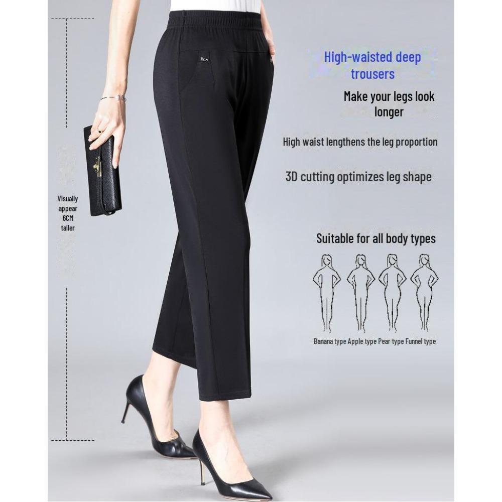 Pantalones de verano de seda helada para mujeres de mediana edad: pantalones holgados de pierna recta de nueve puntos para madres mayores y abuelas