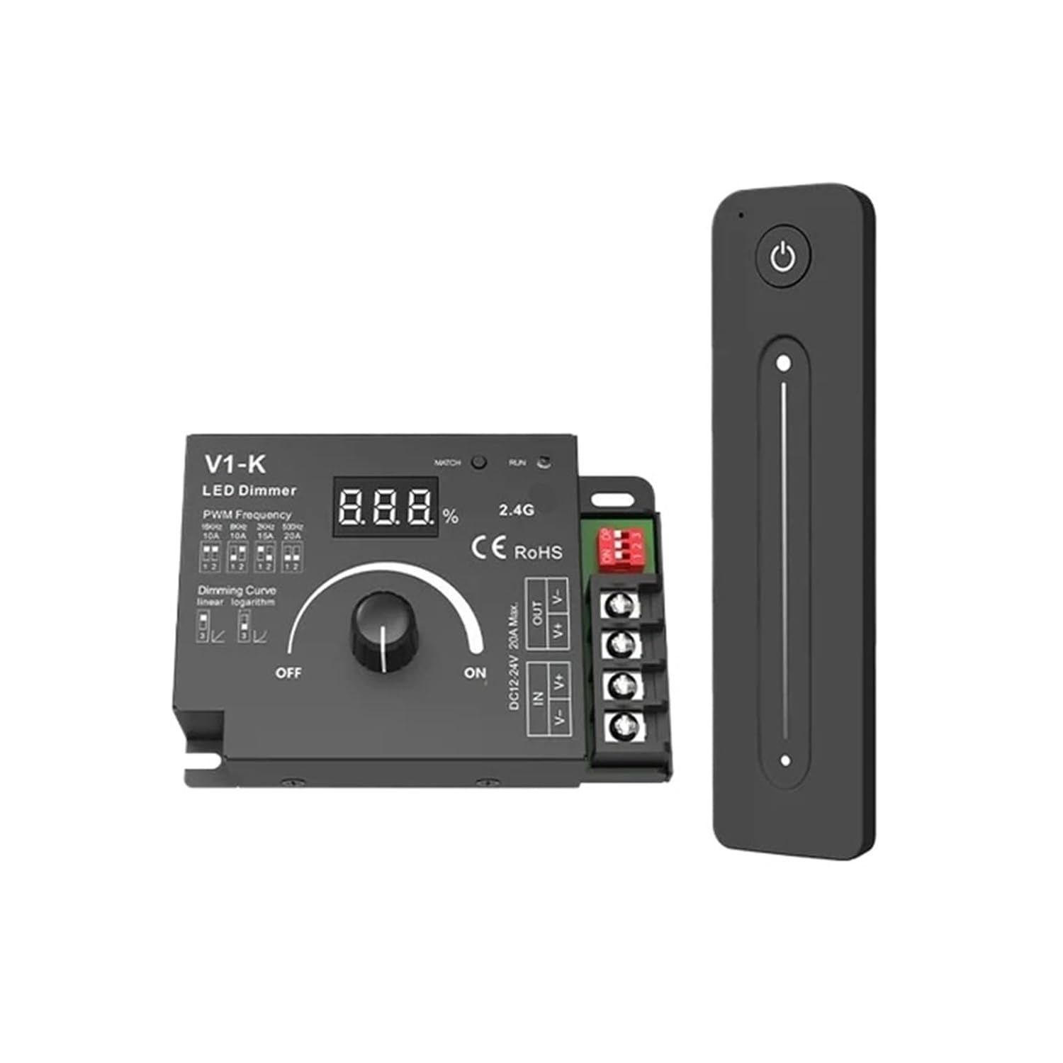 

V1-K LED Strip dimmer 12-48V DC PWM Frequency Adjustable 1CH 20A knob 2.4G LED dimmer Touch Remote Control dimmer(V1-K and R11) R11 only
