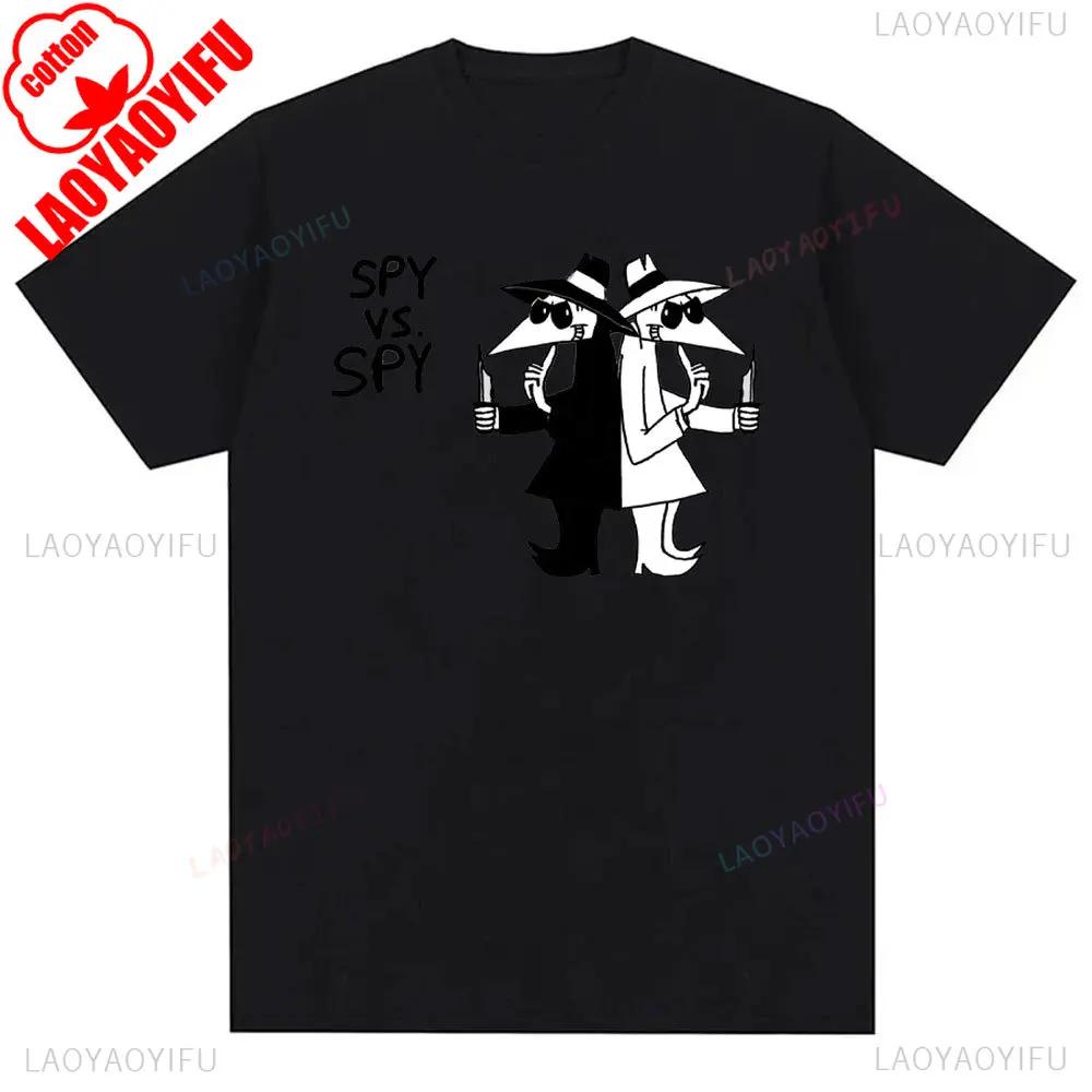 Mens Spy Vs Spy Graphic T Shirt Summer Cotton Crew Neck Retro 80s Cartoon Print Funny Humorous Vintage Style Fashion Tee Shirts