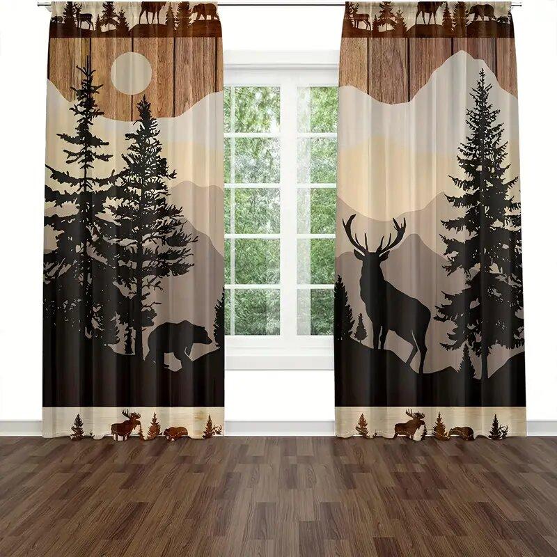 2 pieces of Simple forest animals   retro bears and deer printed curtains   pole bag curtains    home decoration   room decoration
