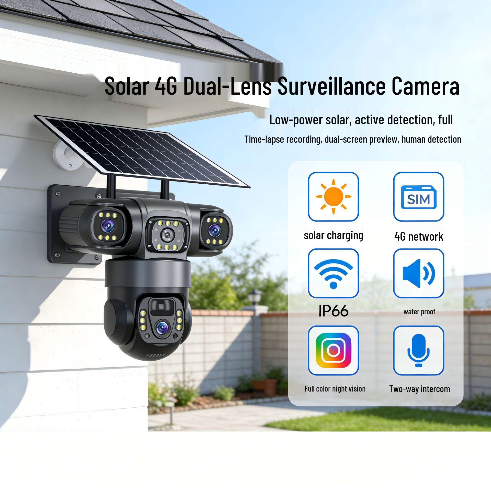 

360° Panoramic 3-Lens Wireless Solar Camera with AI and 3-Screen Monitoring Custom Without Solar Panel