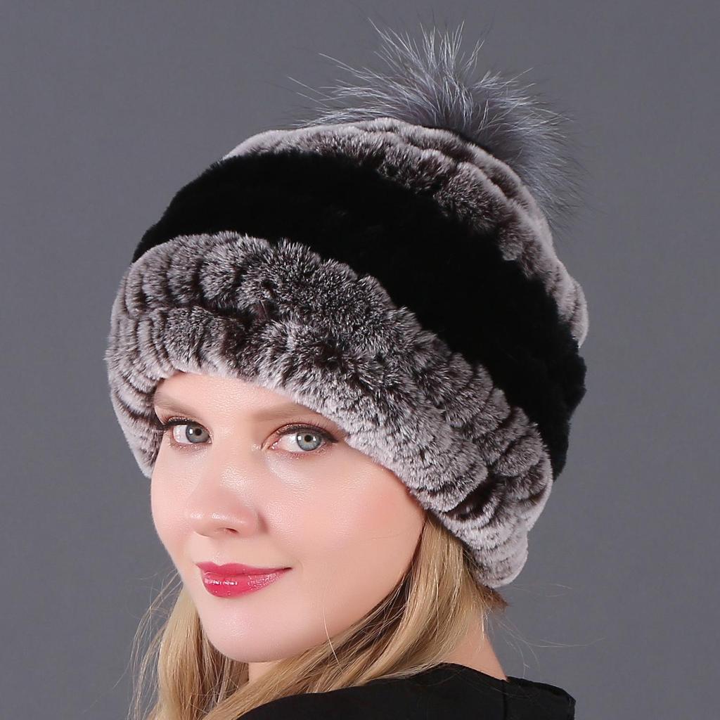 Women's Fur Hat with Rex Rabbit and Fox Fur Pompon for Autumn and Winter
