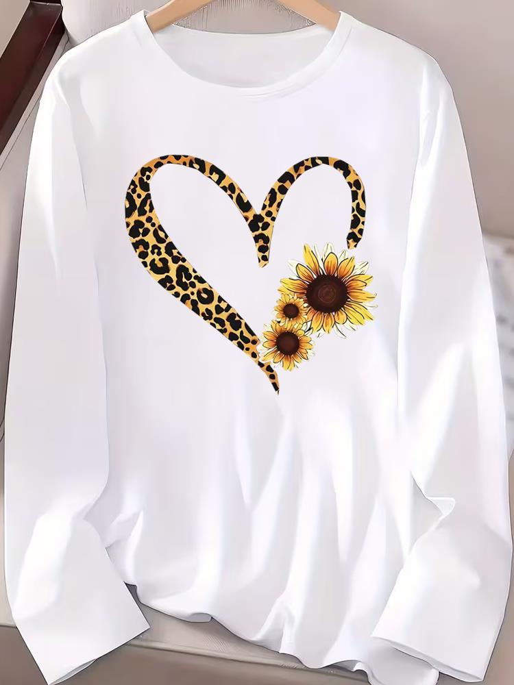 (Asian Size) style flower autumn winter Graphic Tee spring o-neck Print T Shirt Casual Clothing Women Fashion Top Long Sleeve T-shirts