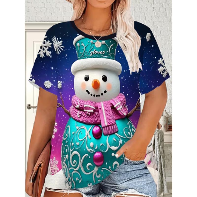 Women's Christmas T-Shirt Holiday Top Tee Round Neck Shirt Festive Wear Cheerful Print Short Sleeve T-Shirt