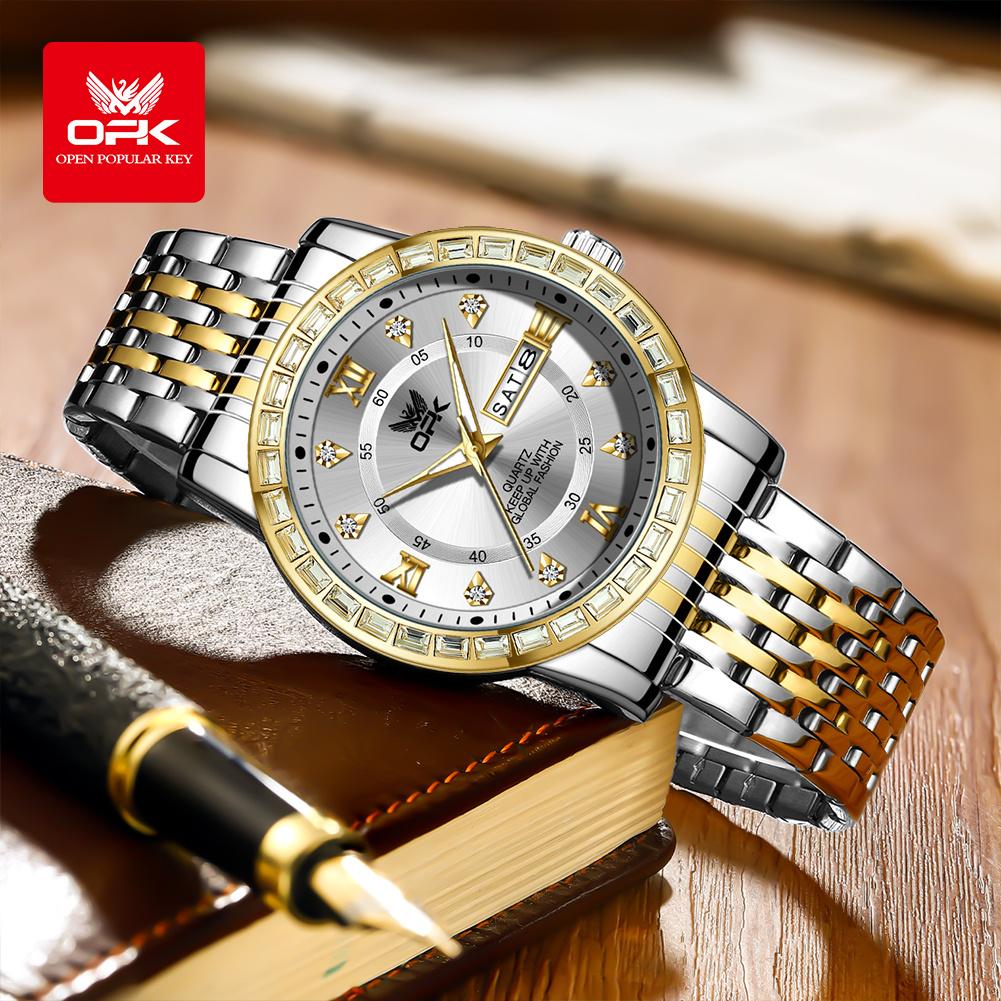 OPK 8174 Quartz Watches for Men Fashion Diamond Bezel Auto Date Week Waterproof Luminous Classic Business Men's Wristwatches