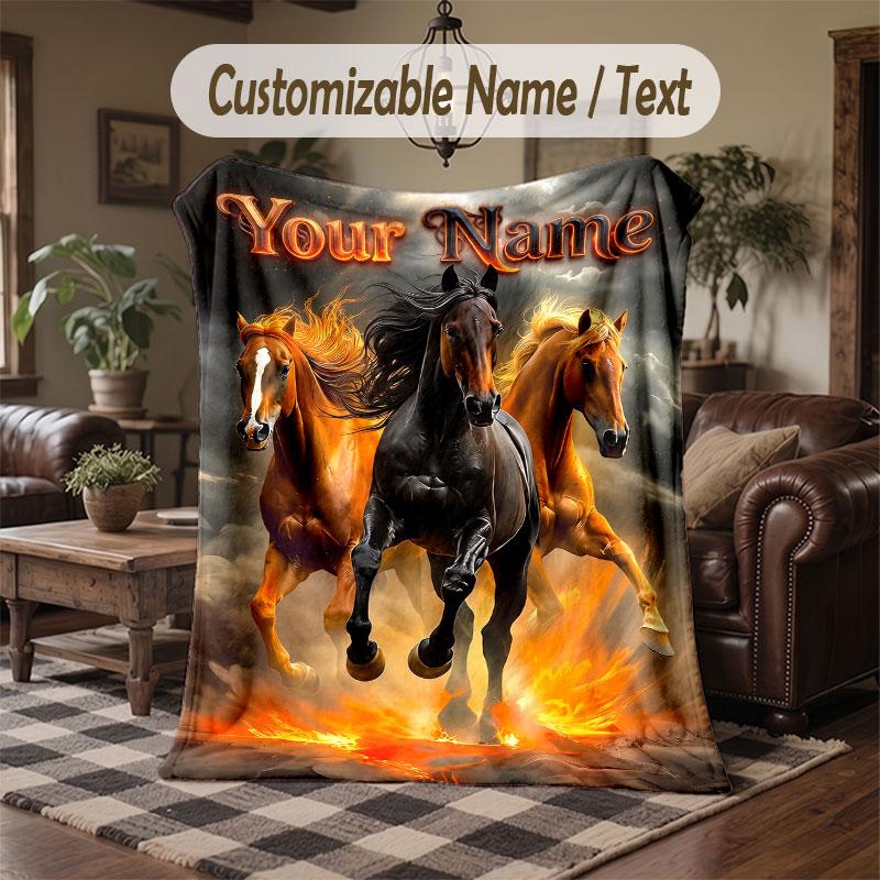 Horse Theme Throw Blanket Custom Name Text Personalized Blanket Soft Cozy Blanket for Home Sofa Bed