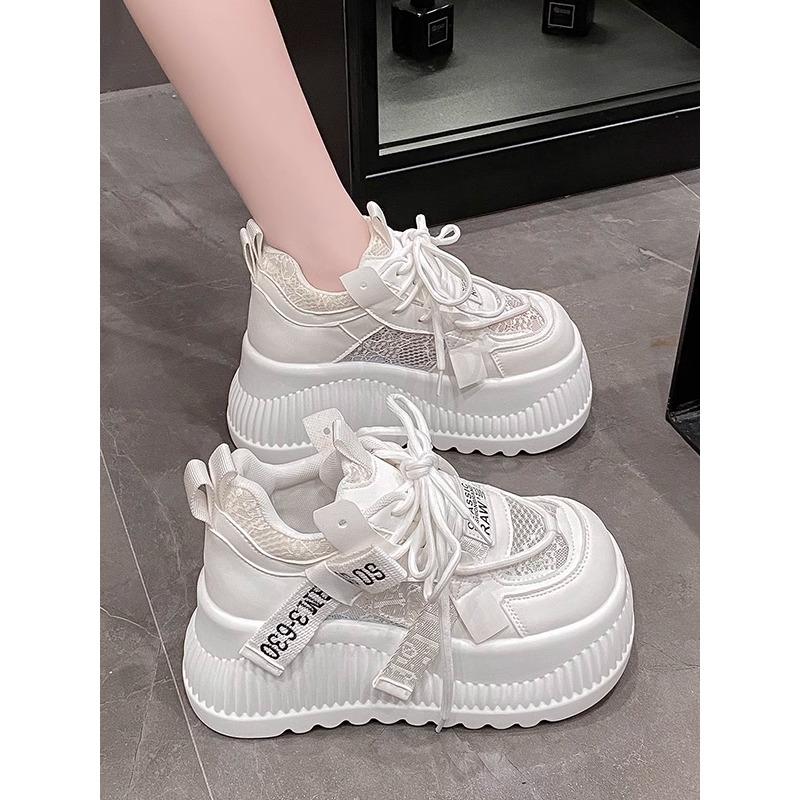 Fashion 8CM  Air Mesh Synthetic Leather Bling Casual Vulcanize Hollow Summer Chunky Sneakers Platform Wedge Flats Women Shoes