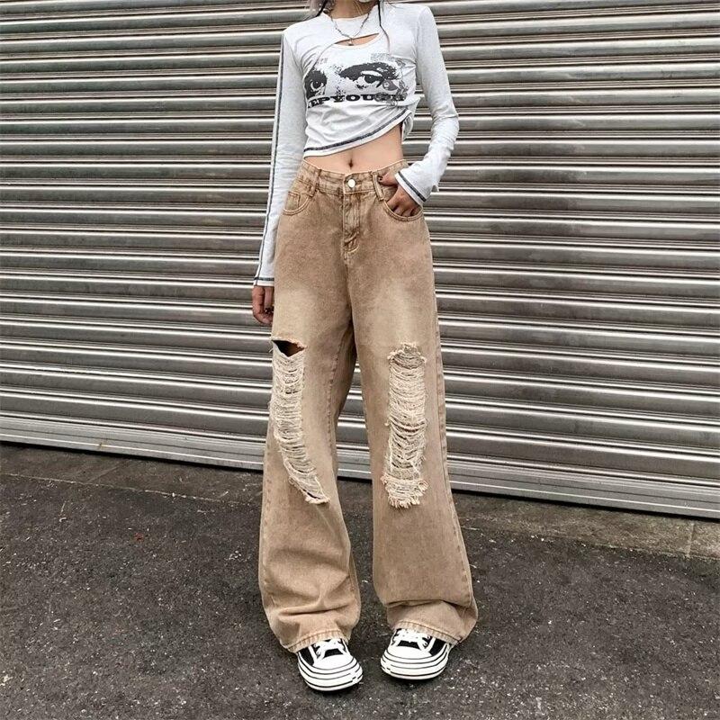 

Новинка 2022 года, весна-осень, модные уличные брюки в корейском стиле, рваные широкие джинсы, брюки в стиле Харадзюку, брюки в стиле хип-хоп, джинсы High Street XXXL хаки