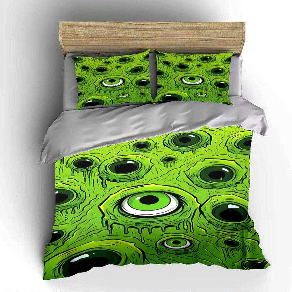 Green Monster Eye Pattern Bedding Duvet Cover Set (1*Duvet Cover 2*Pillowcases, without duvet insert)