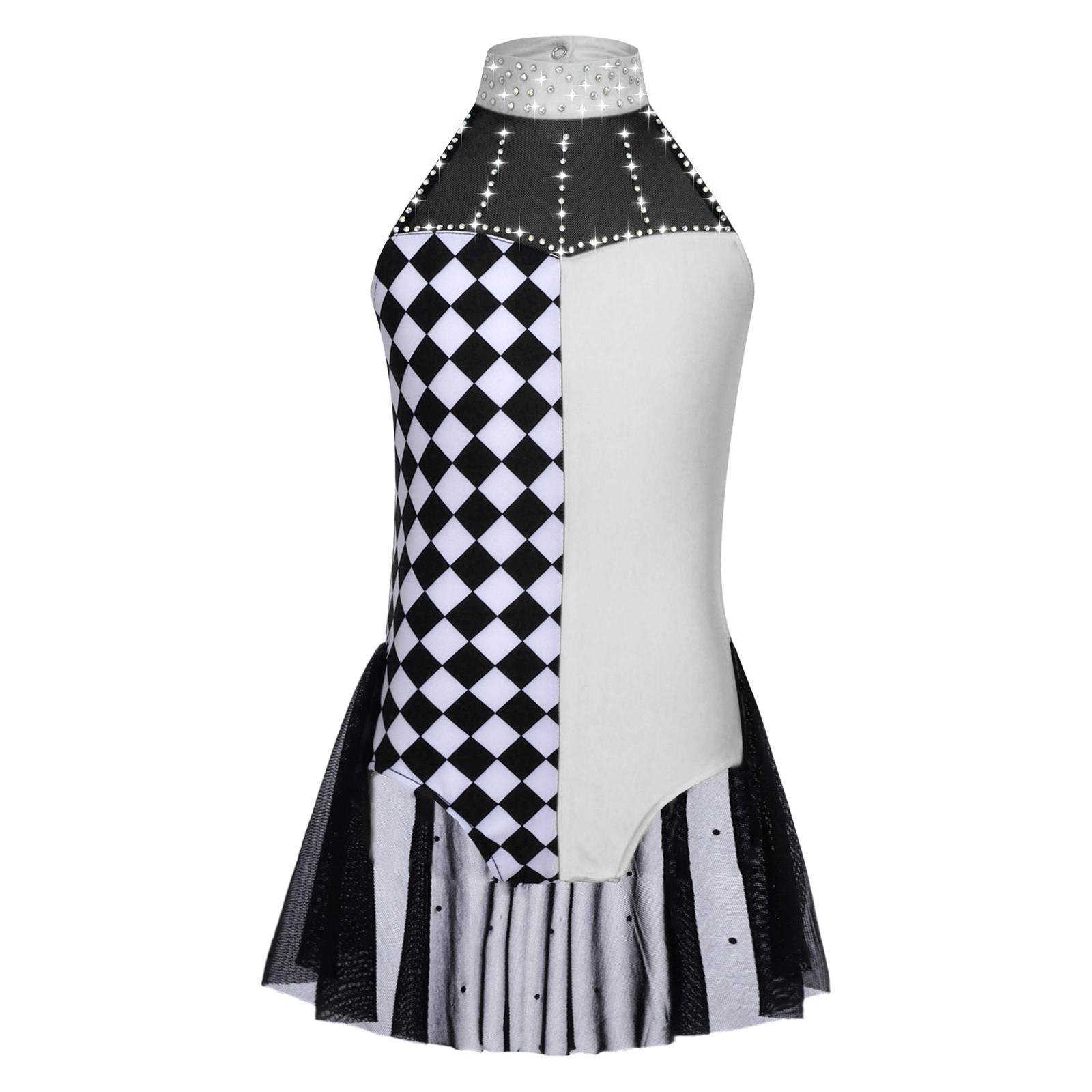 

Костюм клоуна для дівчинки Кольоровий блок Печворк Декоративний страз Леотар Халтер Без рукавів Відкрита спина Талія Сітчаста накладка Комбінезон 9-10 Years білий