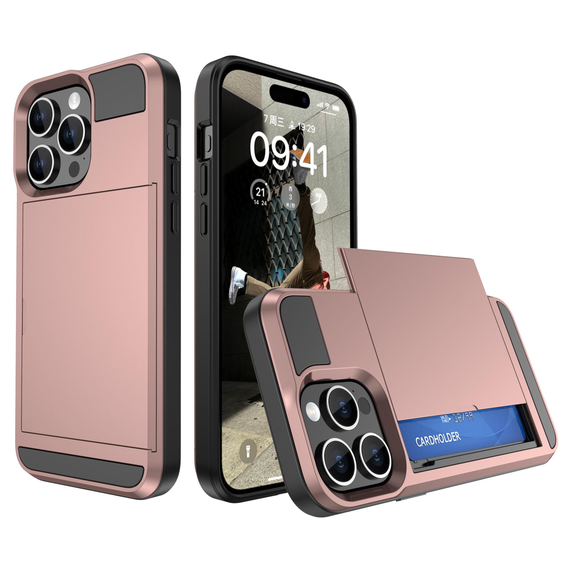 

For iPhone 15 Pro Sliding Card Holder Cover Anti-drop PC+TPU Phone Case Rose Gold