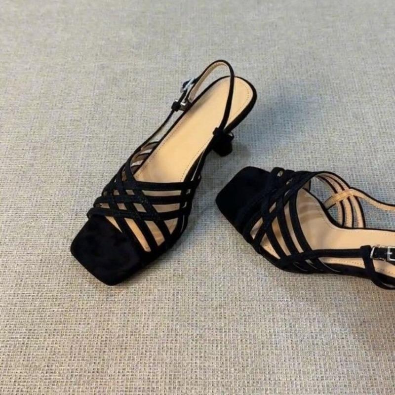 Fashion Cross Straight Strap Combination Stiletto Sandals Women's Square Toe Open Toe One Strap Anti-Slip Wear-Resistant High Heels