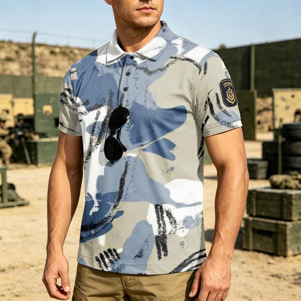 Men's Tactical Polo Shirt Loose Fit Breathable Outdoor Quick Dry Short Sleeve Camouflage Print Collar Shirt with Hook and Loop Patch Area