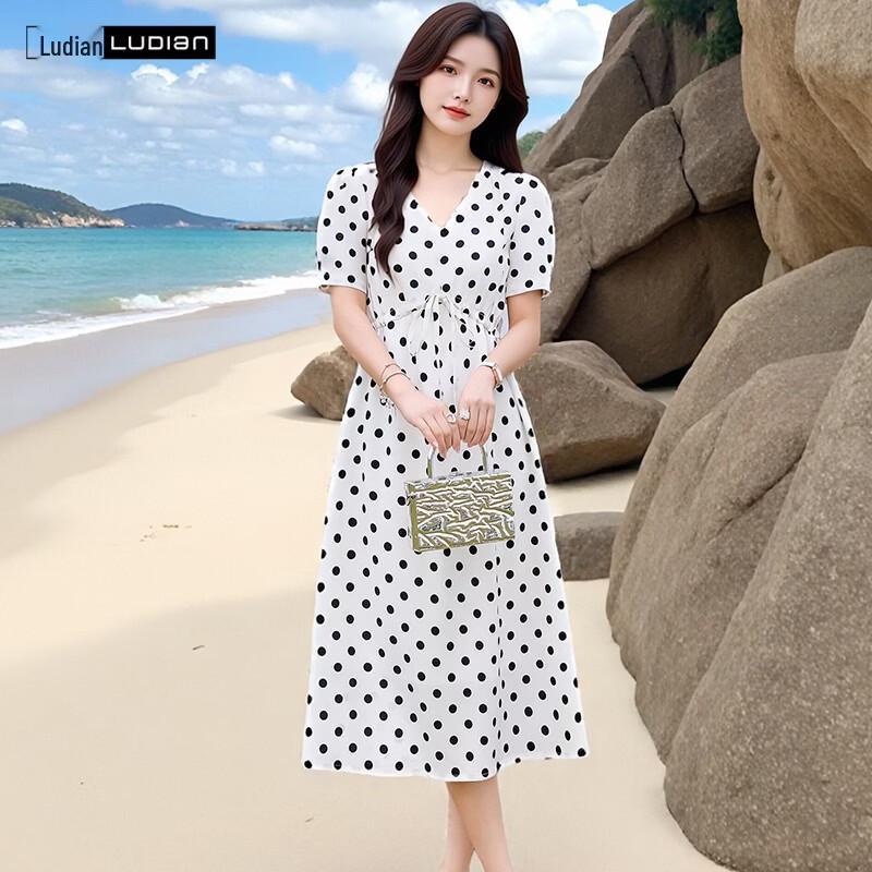LUDIan French Polka Dot V-neck A-line Dress 165/88A