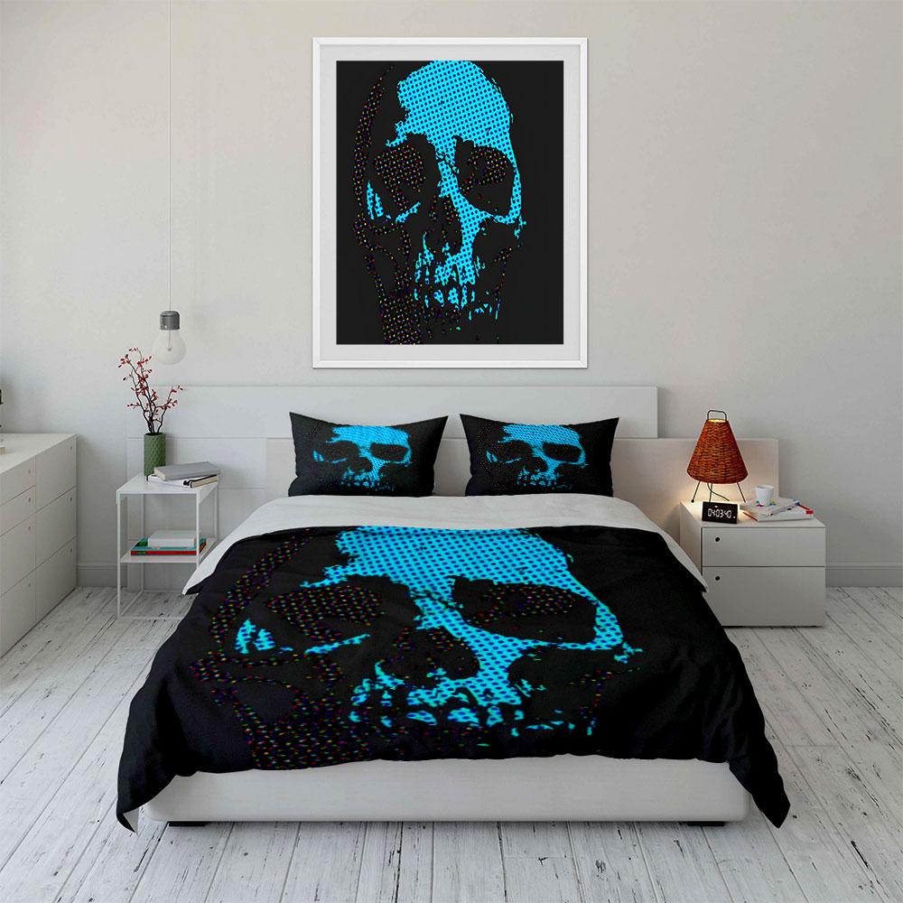 3Pcs Glitter Mesh Skull Bedding Set, Cyan Dot Punk Skeleton Print Duvet Cover Pillowcases Single Double King Queen, Gift
