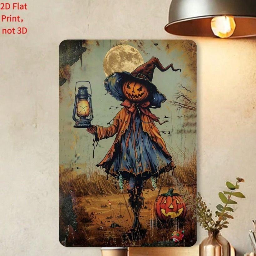 Metal Poster Wall Art, Retro Pumpkin Moon Scene Halloween Decoration