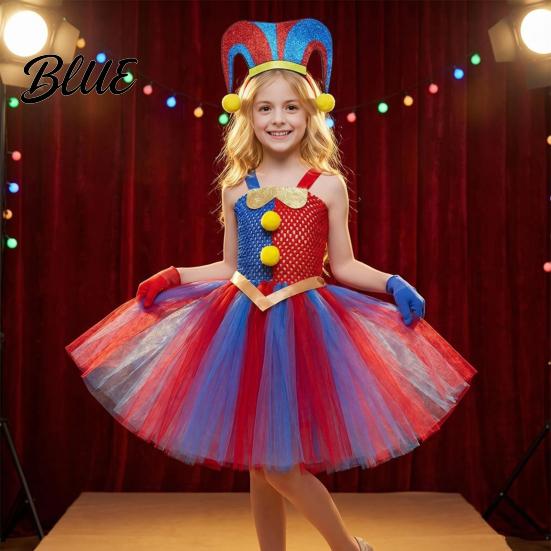 Childrens Pointed Hat Kids Clown Costume Dress Set with Headband & Gloves Girls Circus Soft Mesh Tutu Princess Dress Halloween Stage Performance