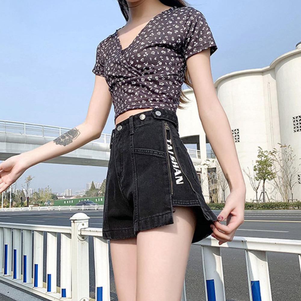 Side Zip Denim Shorts For Women With Stylish Black Wash Red Side Panels And Functional Zips main image 0
